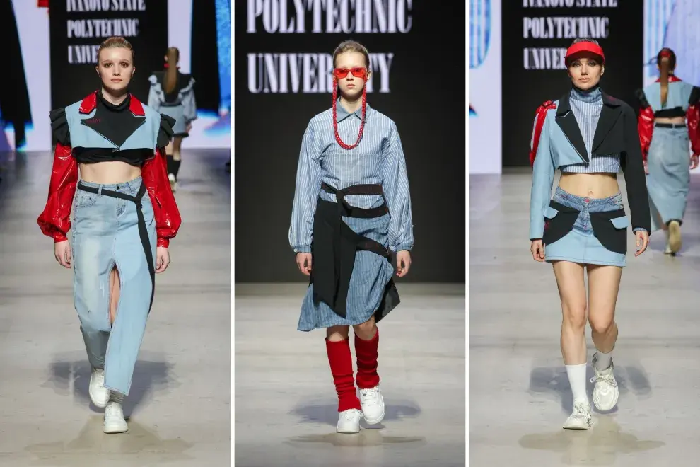 El celeste impregna el estilo denim e Ivanovsky Politech lo conjuga con rojo.