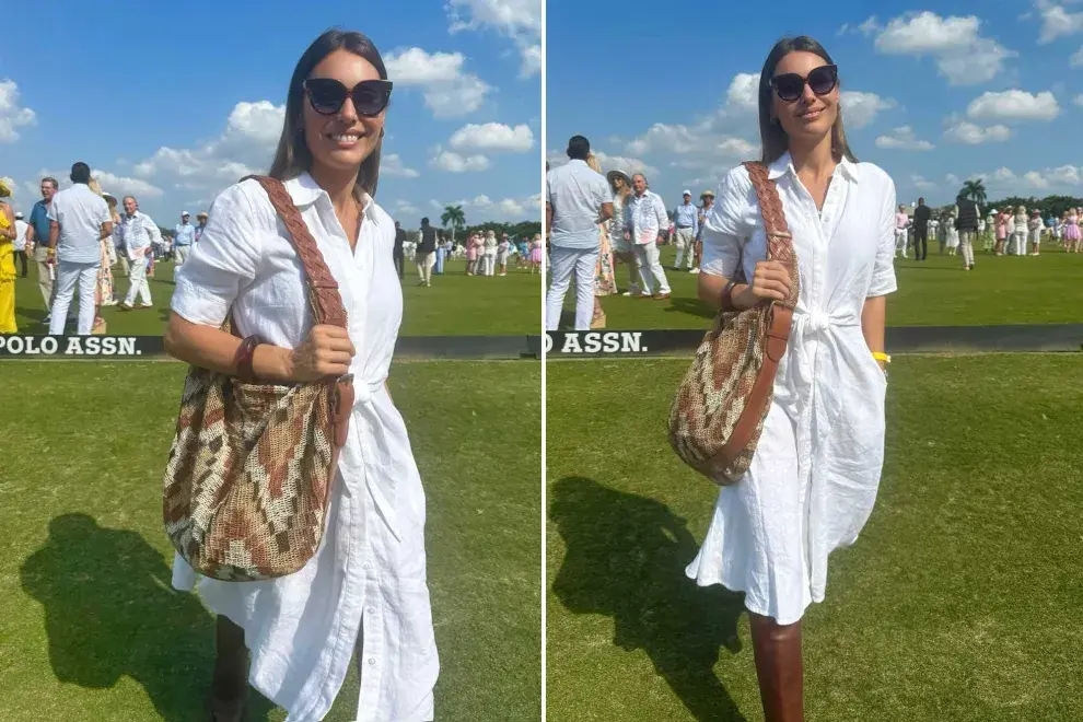 Pampita Ardohain apostó por una propuesta total white que consistió en un vestido camisero por debajo de las rodillas, con lazo a la cintura