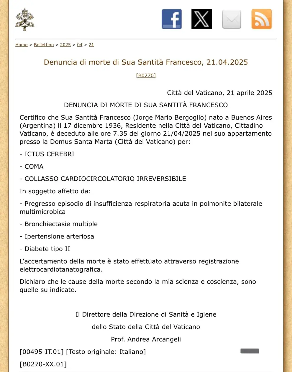 Esta es la causa de la muerte del papa Francisco.