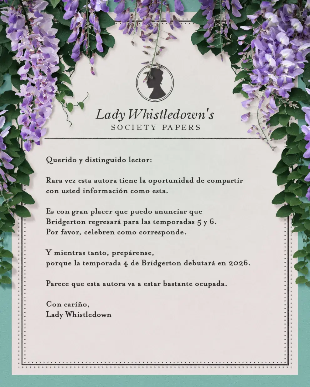 El anuncio de Netflix con la renovación de Bridgerton para sus temporadas 5 y 6, la fecha de estreno de la temporada 4.