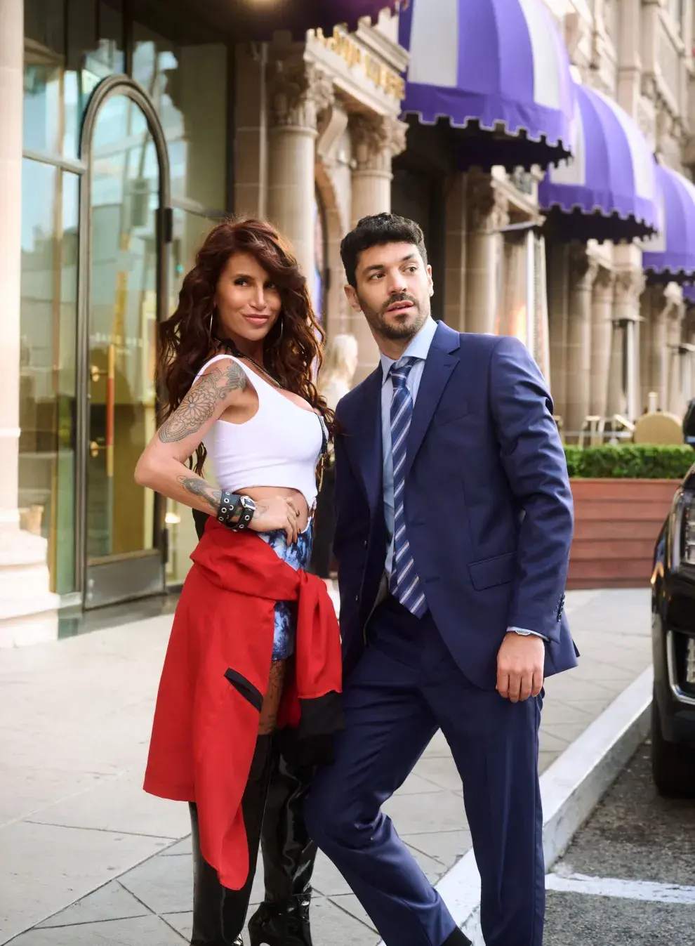 Flor Peña y Juan Ingaramo en Los Angeles simulando la película Mujer Bonita