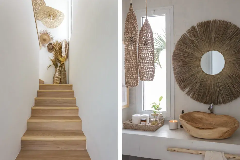 Espejo, lámparas y accesorios en fibras naturales de Sol Palou Deco.