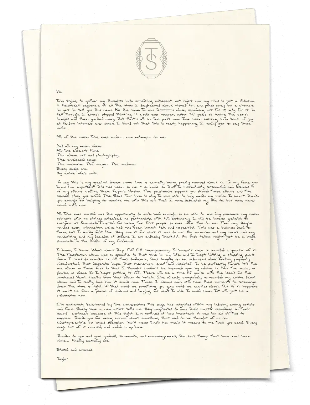 La carta en la que Taylor Swift anuncia que recuperó su música.