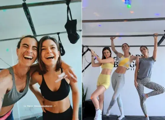 Agustina cherri y su hija Muna realizaron aeropilates