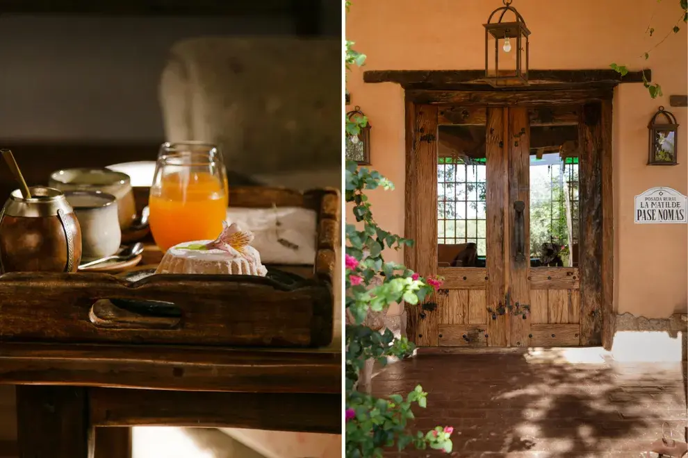 Una bandeja de desayuno y la fachada de la posada La Matilde.