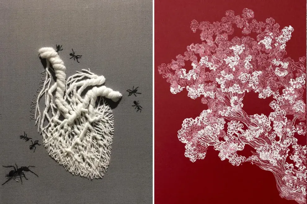 A la izquierda, Arraigo de Laura Ramírez García. A la derecha una de las piezas de la serie Ojalá, de la artista Mariana Jasper.