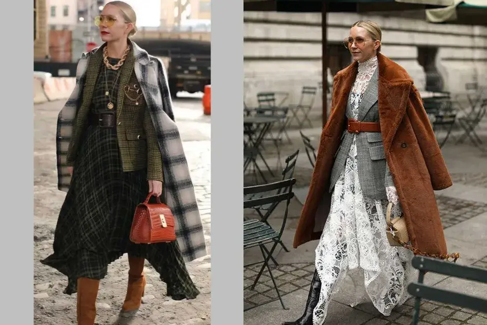 Para las salidas nocturnas, el layering también ofrece opciones elegantes y funcionales. Un vestido de terciopelo combinado con una capa de lana y botas de tacón crea un look sofisticado y abrigado, ideal para cenas o eventos nocturnos