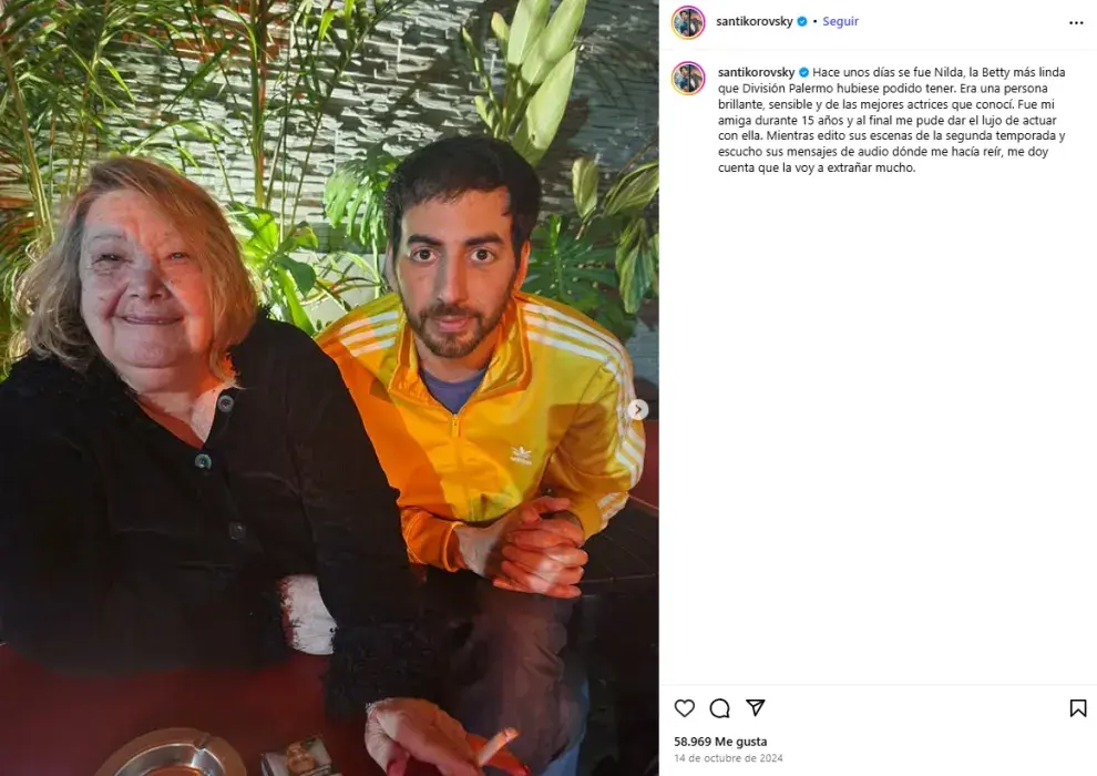 El posteo de Santiago Korovsky anunciando el fallecimiento de Nilda Sindaco, Betty de División Palermo.