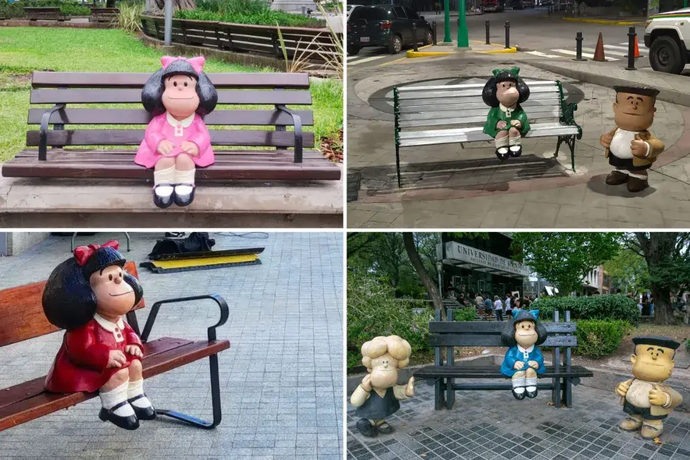 Distintos "looks" de Mafalda según el destino. De izquierda a derecha y arriba a abajo: en Tucumán, Caracas, Madrid y Mendoza.