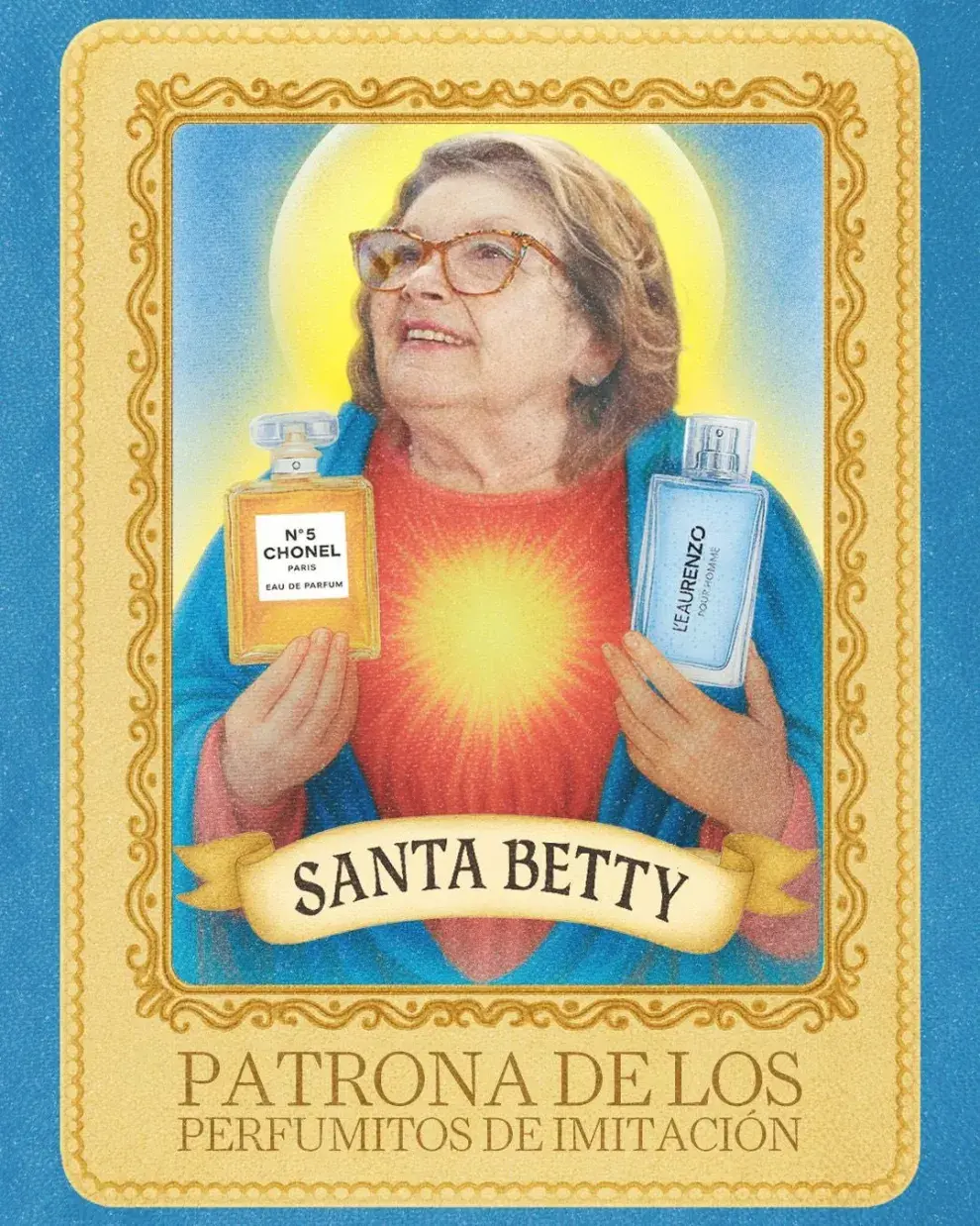 Estampita de Santa Betty, patrona de los perfumitos de imitación.