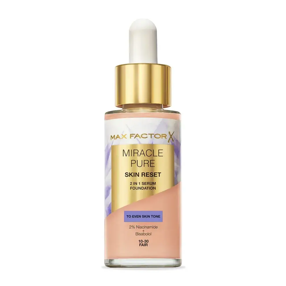 Miracle Pure Serum + Base 2 en 1 de Max Factor: tenés cobertura y ingredientes antimanchas y antioxidantes como la niacinamida y bisabolol.