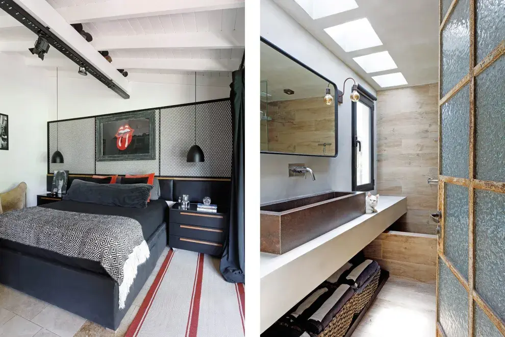 Con la impronta de un loft neoyorquino, el cuarto de Gonzalo se distingue del resto de la decoración. Tiene mesas de luz con tiradores de petiribí laqueadas en negro, cortinas de gasa y lienzo (todo 11.11 Home & Deco). Alfombra ‘Rocco’ (Rugit).