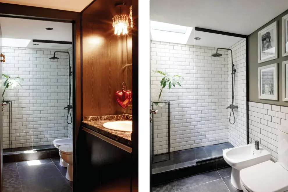 En el antebaño, un corazón de vidrio traído de México. Artefactos de la línea ‘Sense’ (Roca), revestimiento de cerámicos ‘Subway’ (Barugel), fotos enmarcadas y pie de hierro (Iron Home).