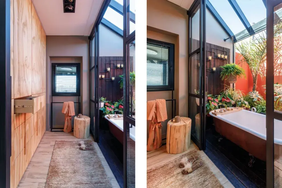  Vestidor organizado por S.O.S. en Orden, alfombra de yute (Mihran), tronco (Arcano Ecommerce). Carpintería de hierro y, en el sector de la bañera, revestimiento en madera quemada con técnica Shou Sugi Ban (Binomio, Arquitectura & Diseño). 