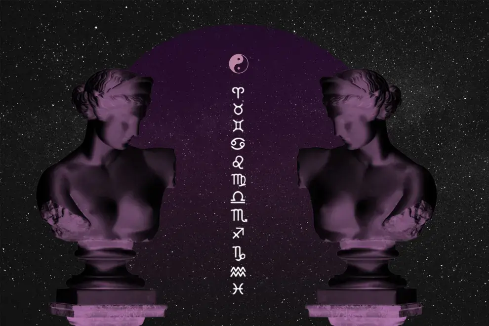 Los signos zodiacales entre dos estatuas con bustos de mujeres.
