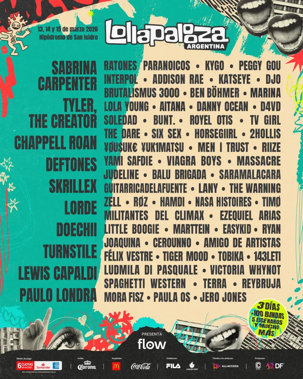 Foto de line up Lollapalooza 2026 en Argentina.