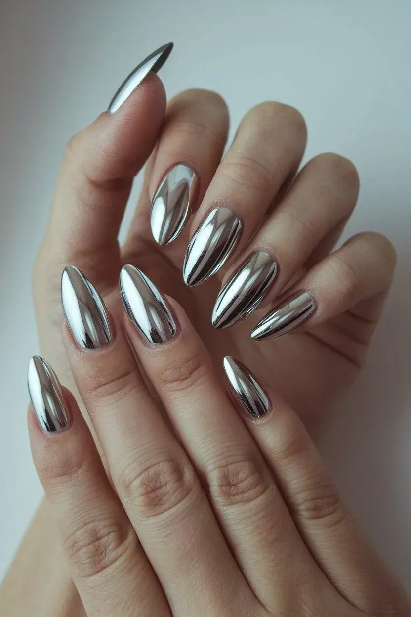 Colores de uñas que son tendencia en 2025: Chrome / metálicos irisados.