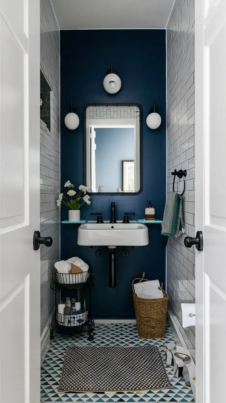 Baño pequeño con pared de color azul.