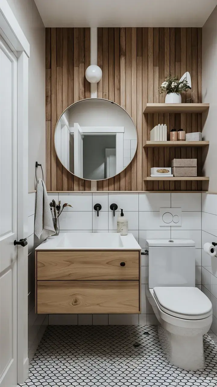 Baño pequeño en blanco y madera con espejo circular.