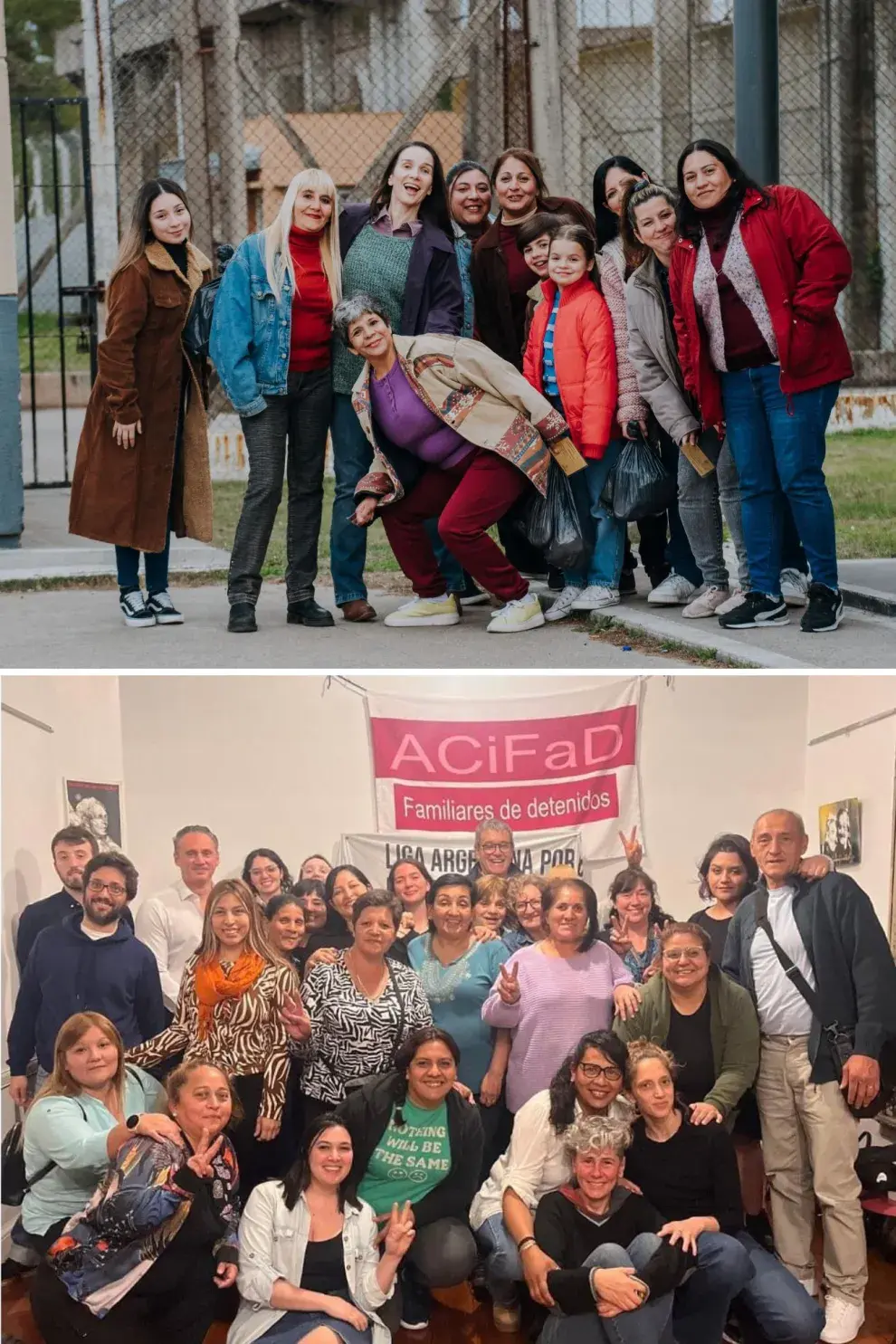 Natalia Oreiro junto a las mujeres de ACIFAD en el set de filmación. Abajo, las integrantes de la asociación.