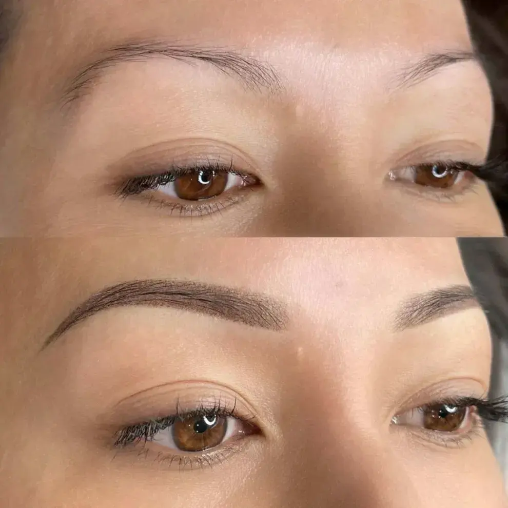 Antes y después del microblading en cejas: Natural lift arquitectónico.