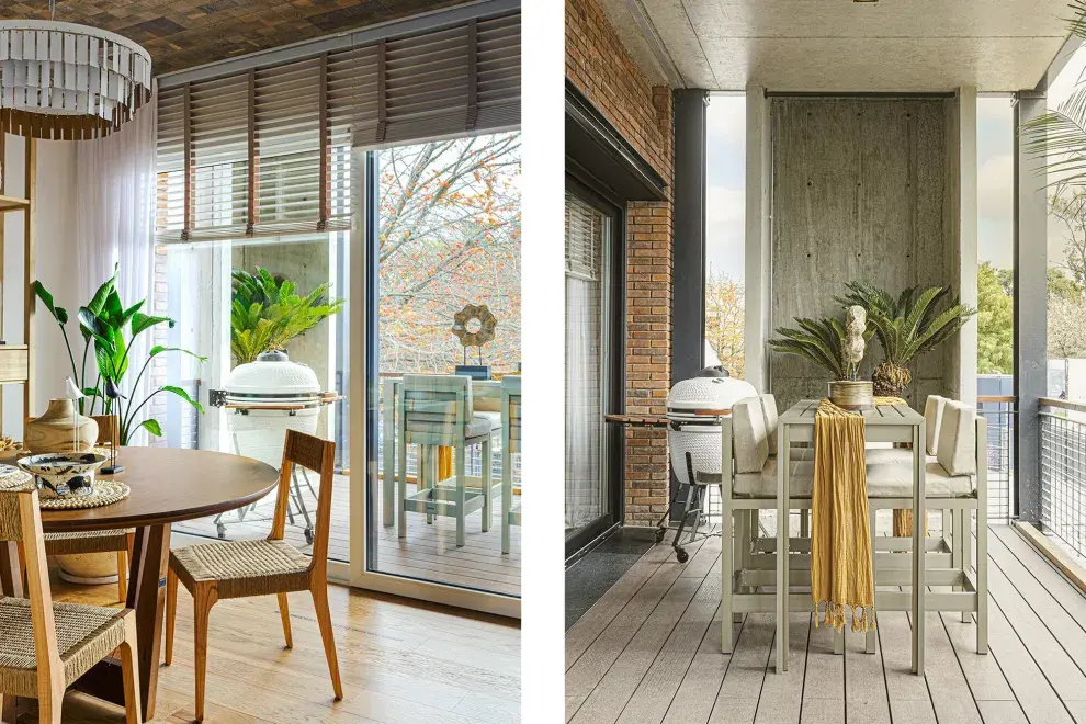 Lámpara colgante diseñada por Gaby Orlando. Cortinas Hunter Douglas Mesa alta y banquetas de aluminio anodizado tono peltre (Pampa Living). Kamado (Vanity Buenos Aires).