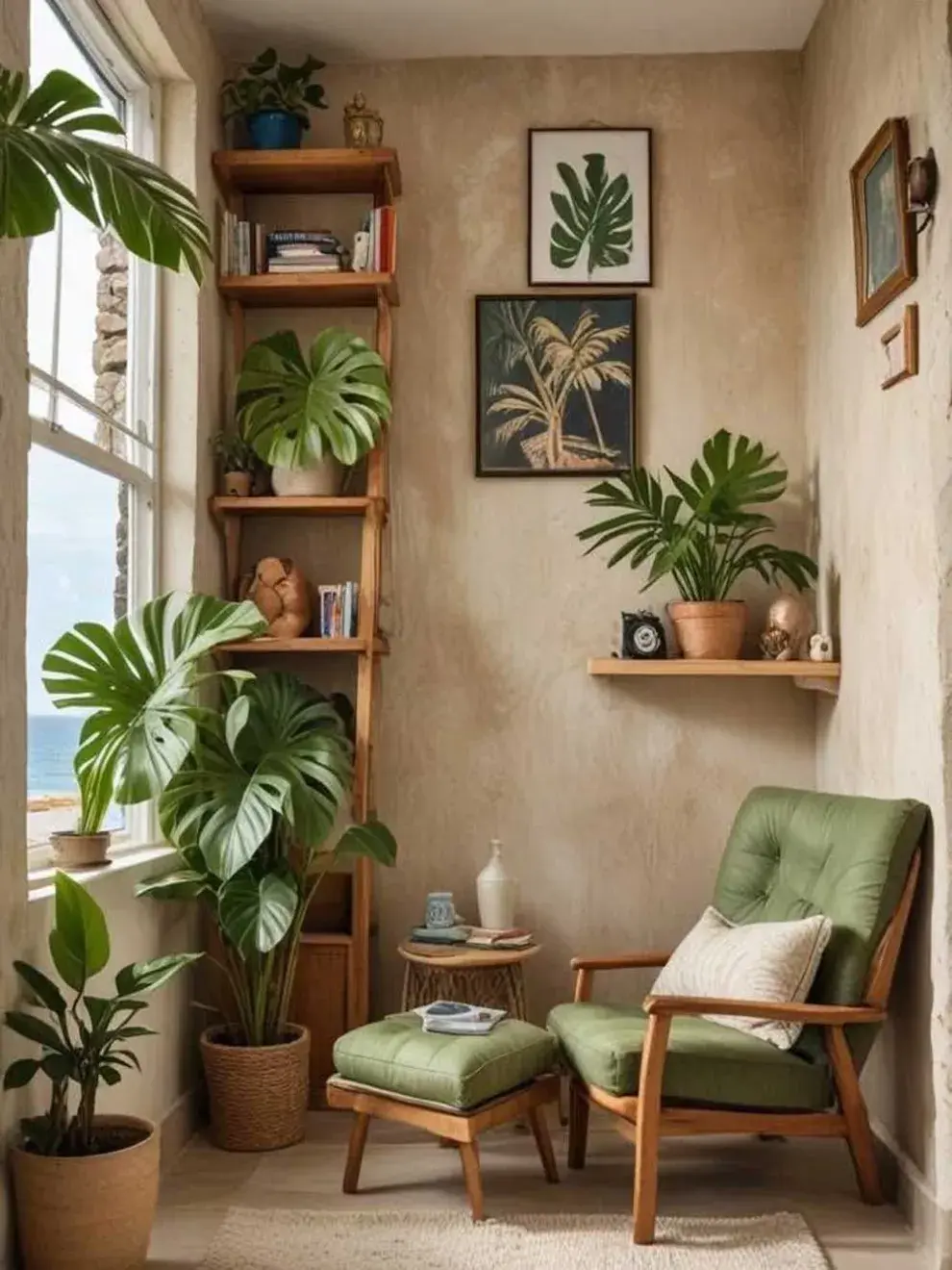 Agrupa plantas de distintos tamaños en macetas decorativas para crear un jardín interior en el living, dormitorio o cocina.