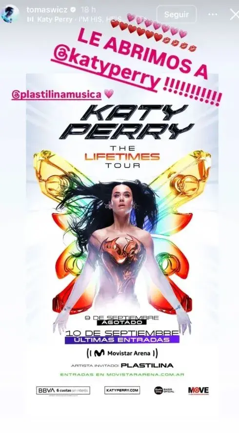 El dúo Plastilina, formado por Paloma Sirvén y Tomás Wicz, fue elegido por Katy Perry para abrir sus shows del 9 y 10 de septiembre en el Movistar ArenaEl dúo Plastilina, formado por Paloma Sirvén y Tomás Wicz, fue elegido por Katy Perry para abrir sus shows del 9 y 10 de septiembre en el Movistar Arena