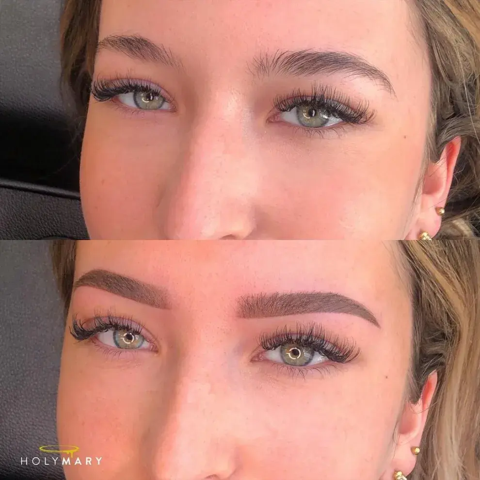 Antes y después del microblading en cejas: Cejas gruesas y empoderadas estilo soft glam.