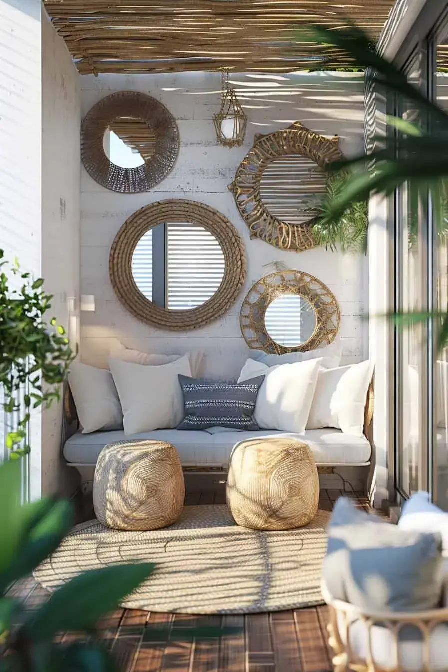 Ideas para aprovechar el espacio en balcones pequeños: espejos y superficies reflectantes.