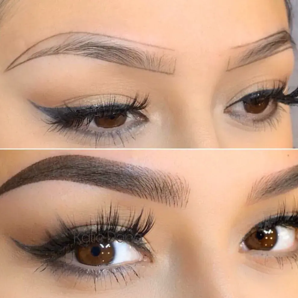 Antes y después del microblading en cejas: Marco intenso con efecto sombra de volumen.