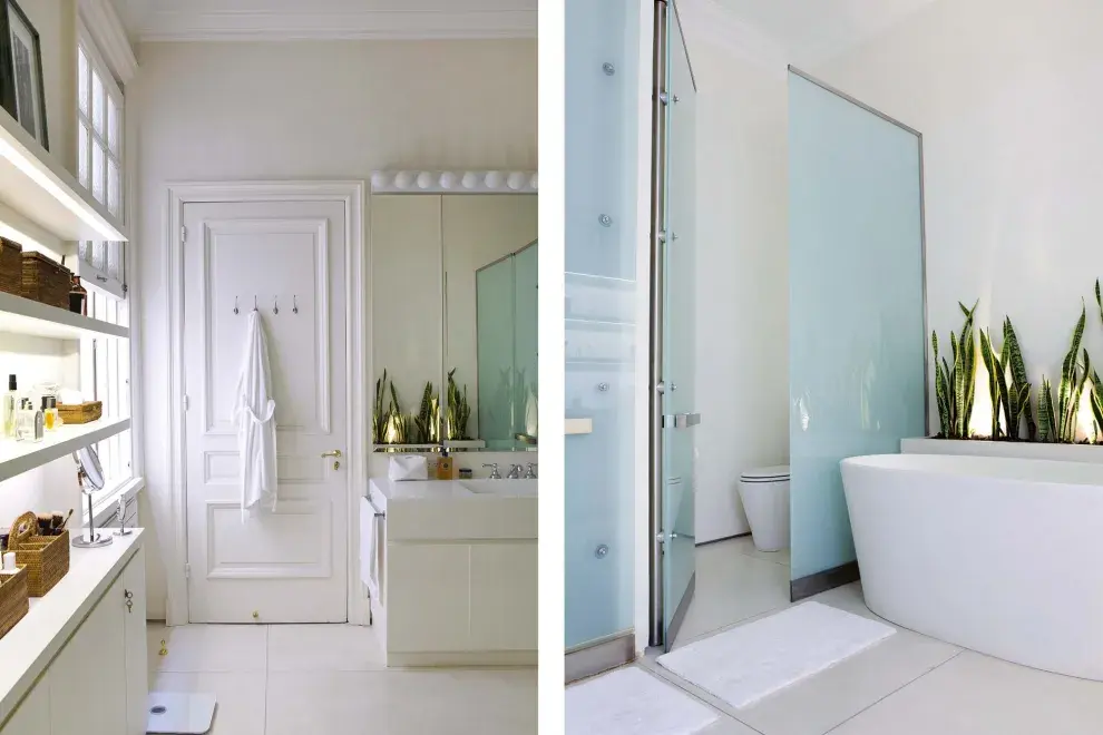 Sobre un mueble con puertas de laca blanca se ubicaron estantes empotrados con tiras de led en el borde. La dueña de casa completó la estantería con canastos y cajas de ratán para guardar fragancias, bijou y maquillaje.