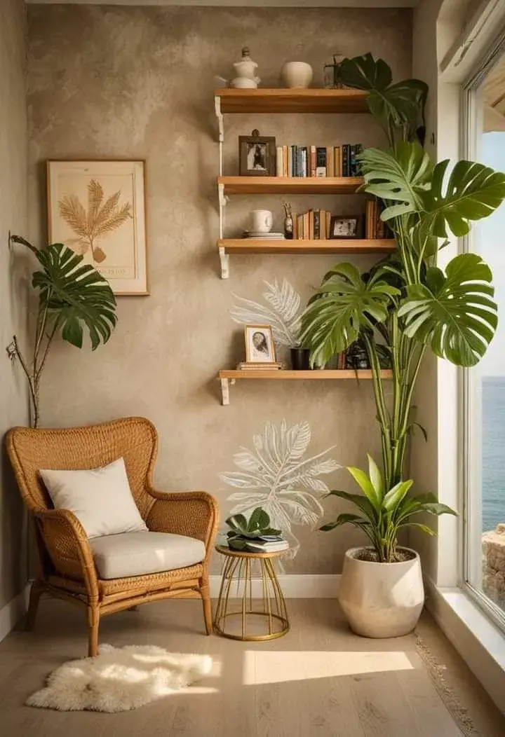 Un rincon de lectura con plantas