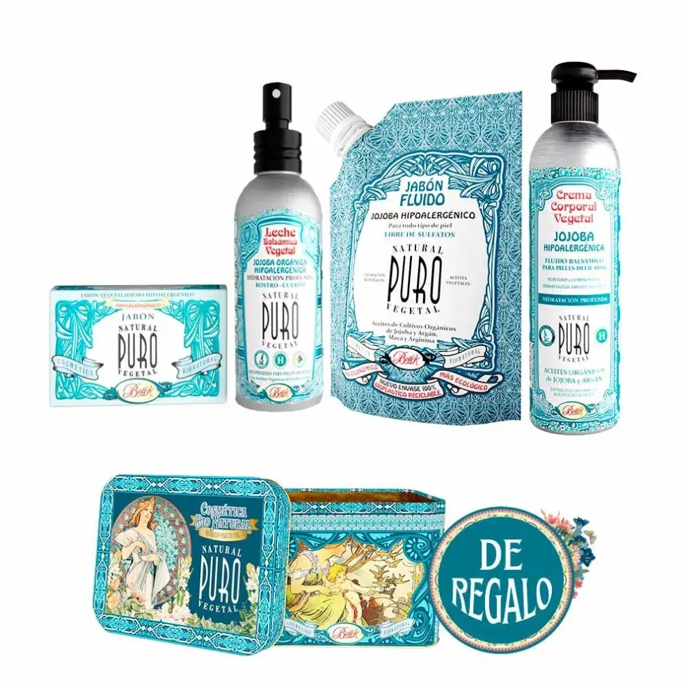ste Kit Solidario incluye productos hipoalergénicos con aceite orgánico de jojoba en una bella lata coleccionable. (BOTIK PURO $71.160)