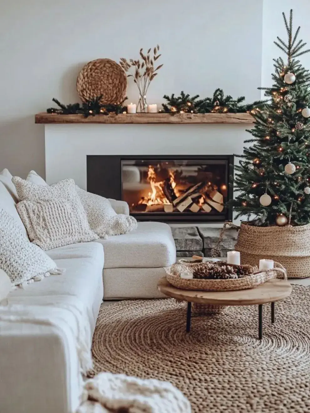 La madera, tanto clara como de tonos medios, es el material estrella, aportando calidez y textura. También se incorporan lana, lino, ratán, ramas, piñas y flores secas.