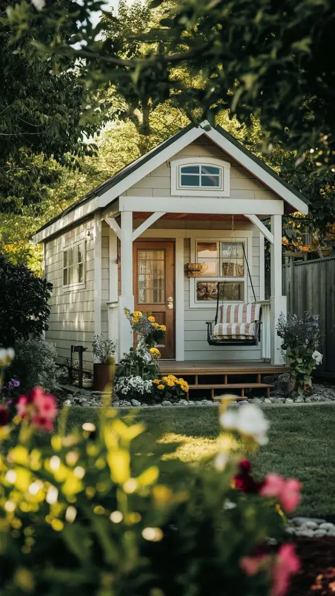 Una tiny house de madera con jardín