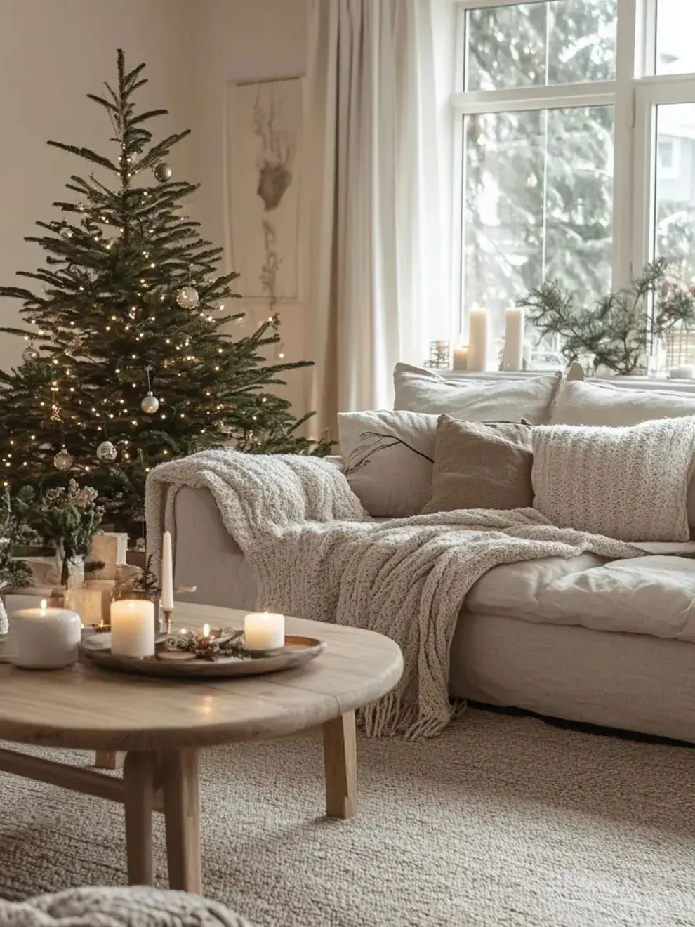 Utiliza un árbol natural o uno hecho de madera. Decóralo con adornos sencillos en blanco o madera, y usa una manta de piel sintética blanca a modo de base.