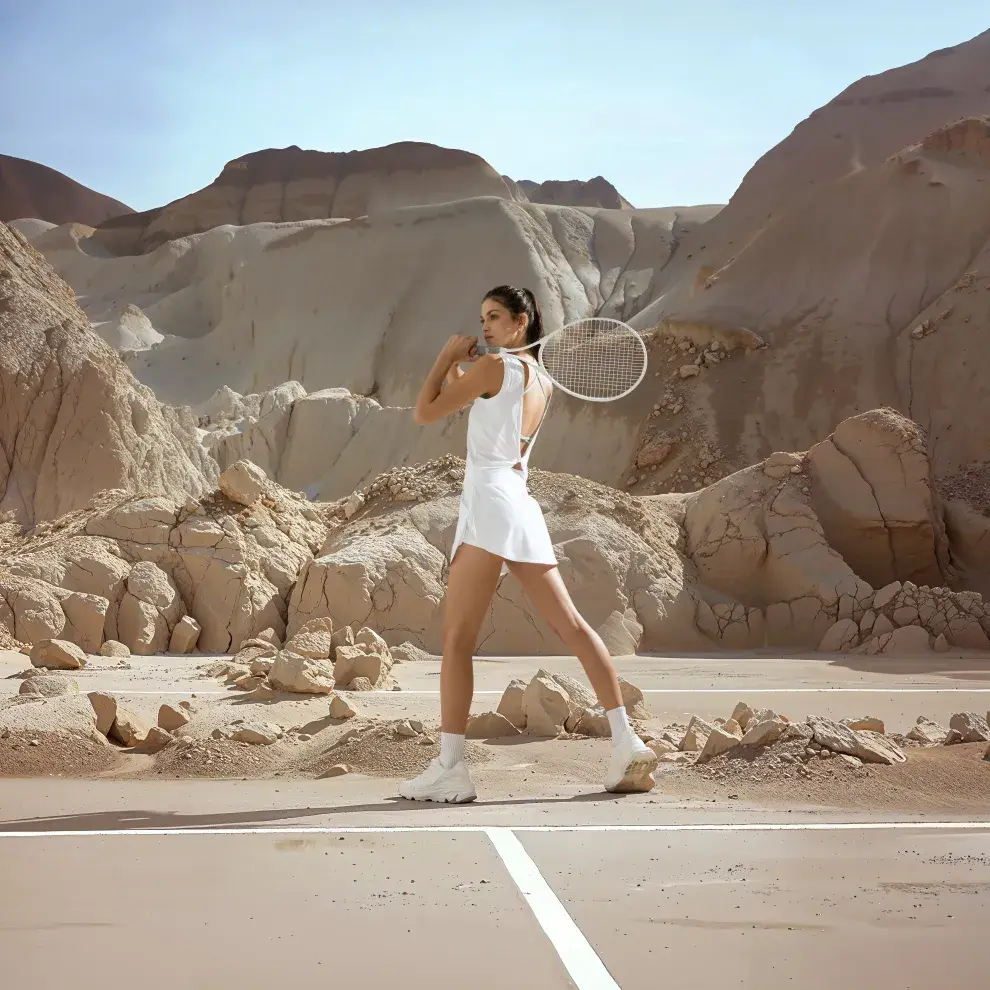 Una mujer jugando al tenis en un paisaje