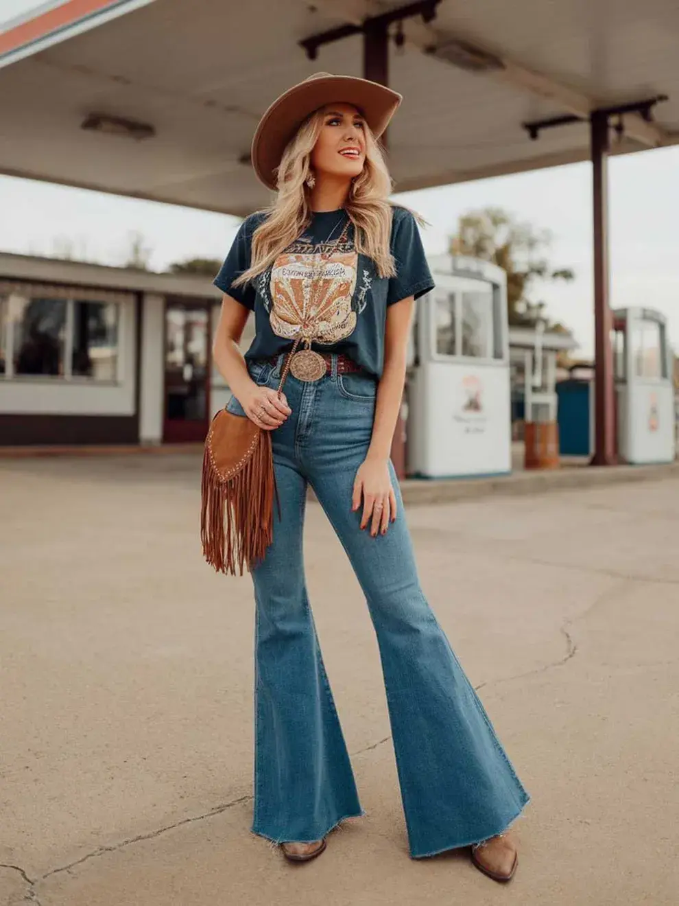 Cartera bandolera con flecos y jeans oxford para un look cowgirl