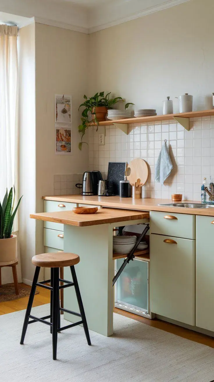 Muebles multifuncionales: Encimeras plegables, mesas extraíbles o taburetes apilables son recursos ideales para crear superficies de apoyo cuando las necesitás y liberar espacio cuando no.