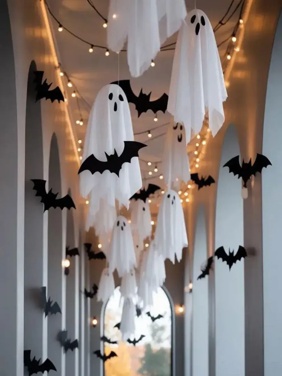 Podés crear fantasmas colgantes con telas que ya no uses y recortar murciélagos de cartulina