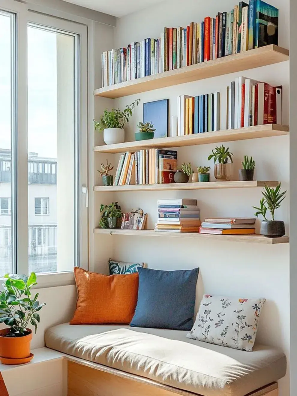 En estanterías tipo escalera: Ideales para espacios angostos, como entre la cama y la pared. Sumás verticalidad y un rincón de lectura encantador.