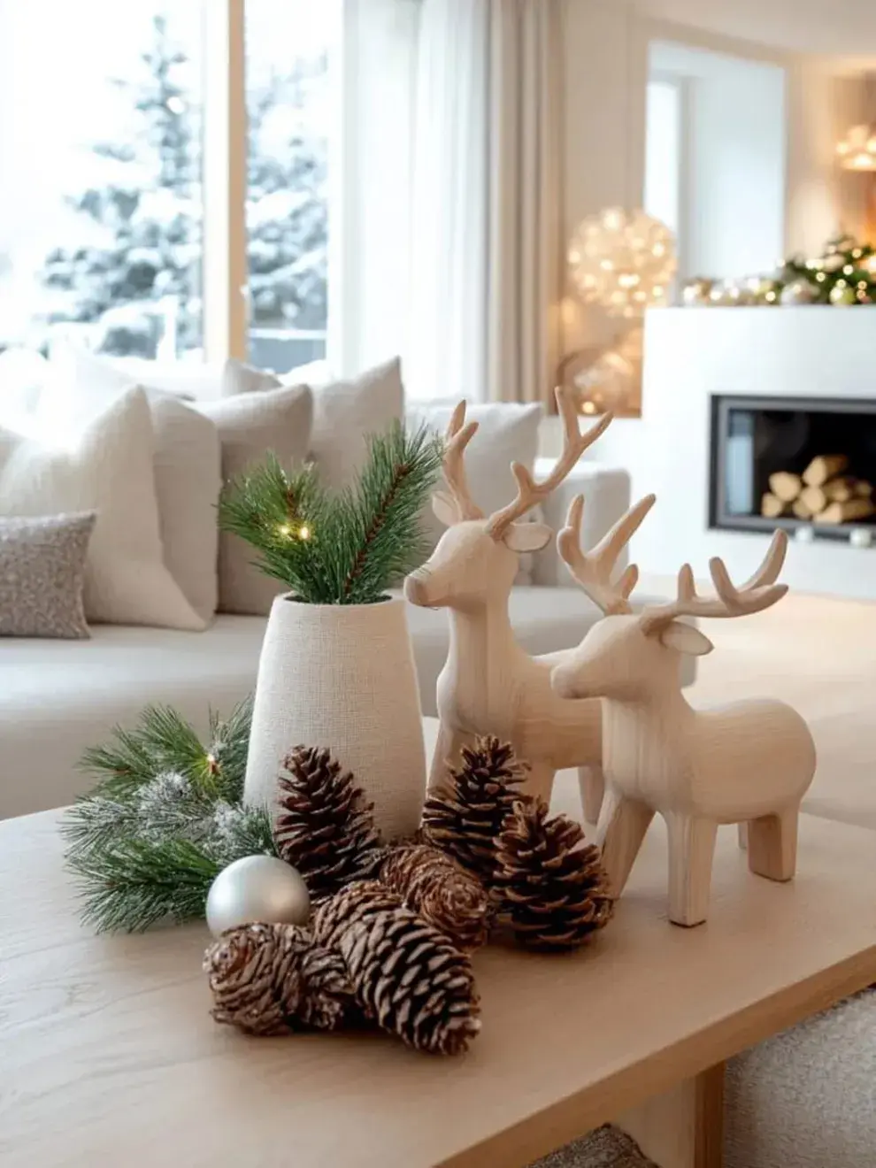 Combiná velas de distintos tamaños con ramas, piñas, acebo y frutos rojos sobre manteles de lino o arpillera.