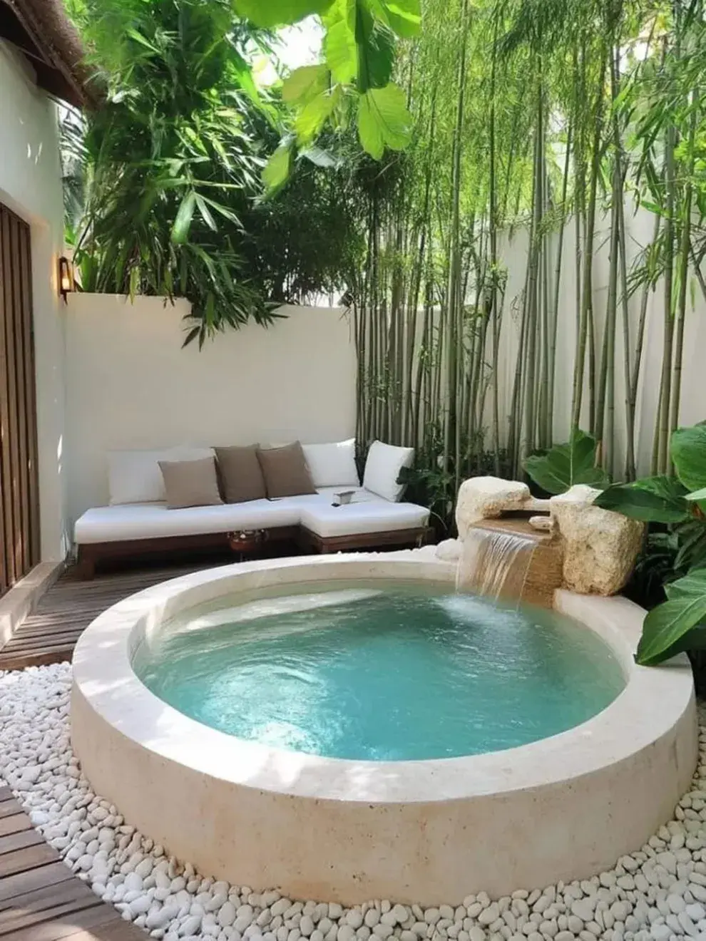 Una versión circular con cascada incluida y un sector de relax para disfrutar