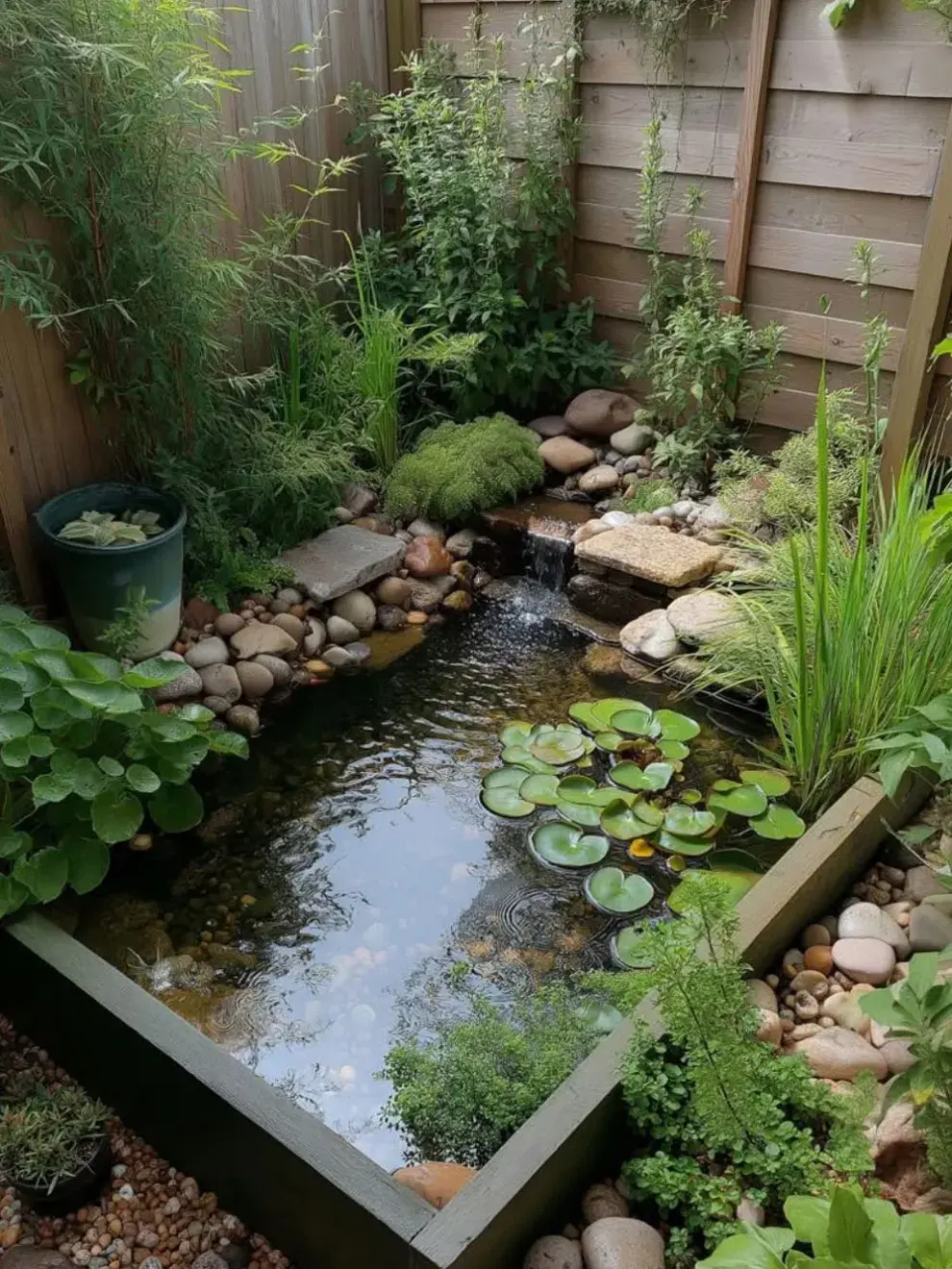 Añade plantas acuáticas como lirios, juncos o plantas tapizantes para darle un toque natural y ayudar a crear un ecosistema equilibrado. 