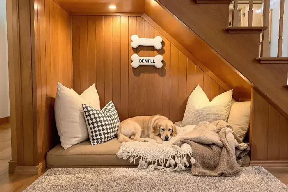 Aprovecha el área bajo mesas o sofás para colocar su cama, y destina un rincón tranquilo para sus cuencos de comida y agua.