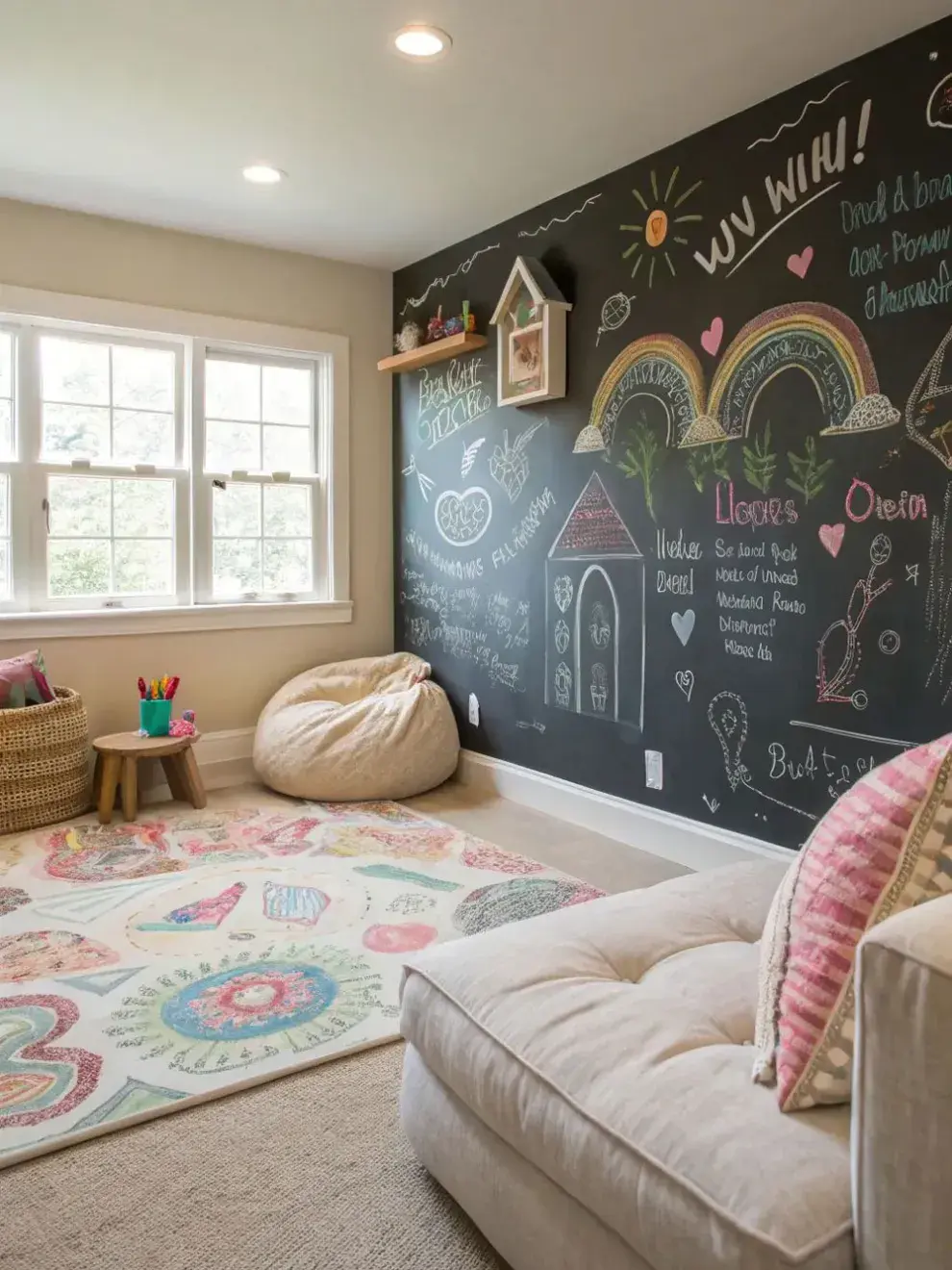 Pintá una sección de la pared con pintura tipo pizarra o colgá un panel especial donde puedan dibujar, escribir y borrar una y otra vez.