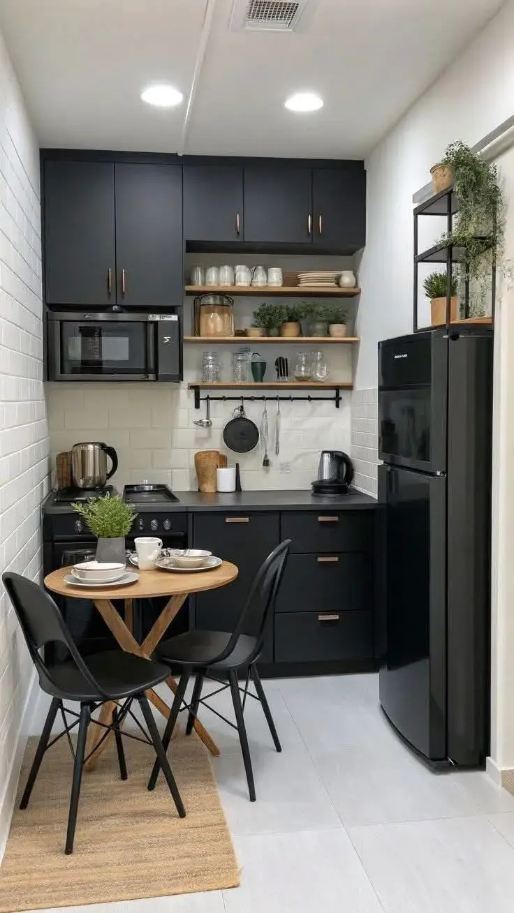 Una cocina pequeña en donde el color negro es protagonista