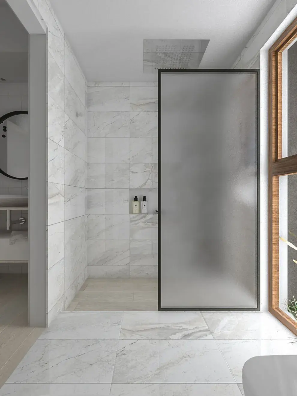 Paneles fijos de vidrio: Del suelo al techo o con herrajes ocultos, aportan amplitud y evitan las sensaciones de encerramiento típicas de las puertas corredizas.