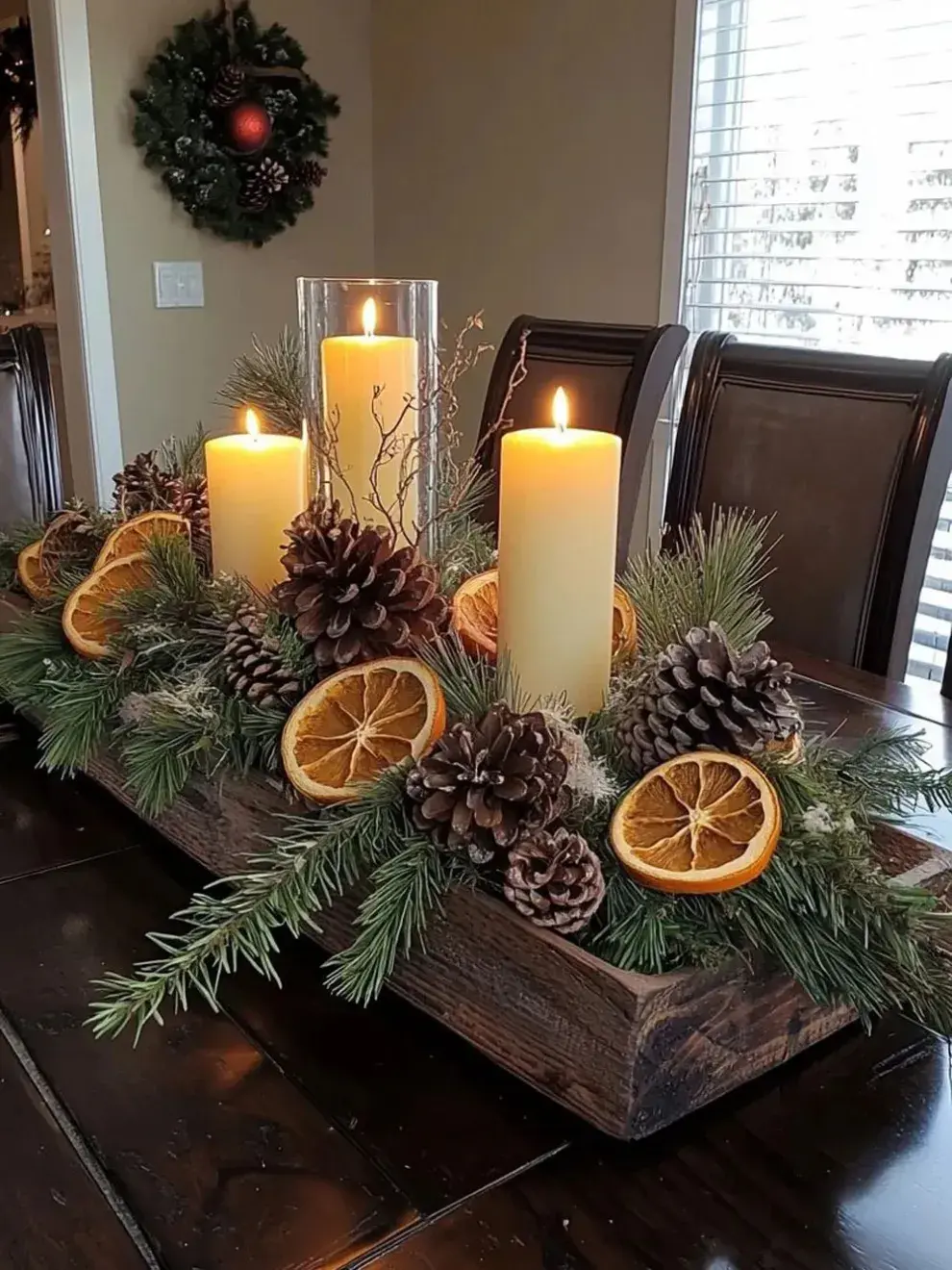 Con velas de diferentes tamaños, algo de piñas y naranjas secas